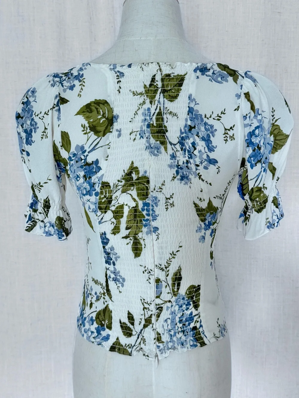 Reformation Constance Floral Print Puff Sleeve Top White Blue Green Size 0